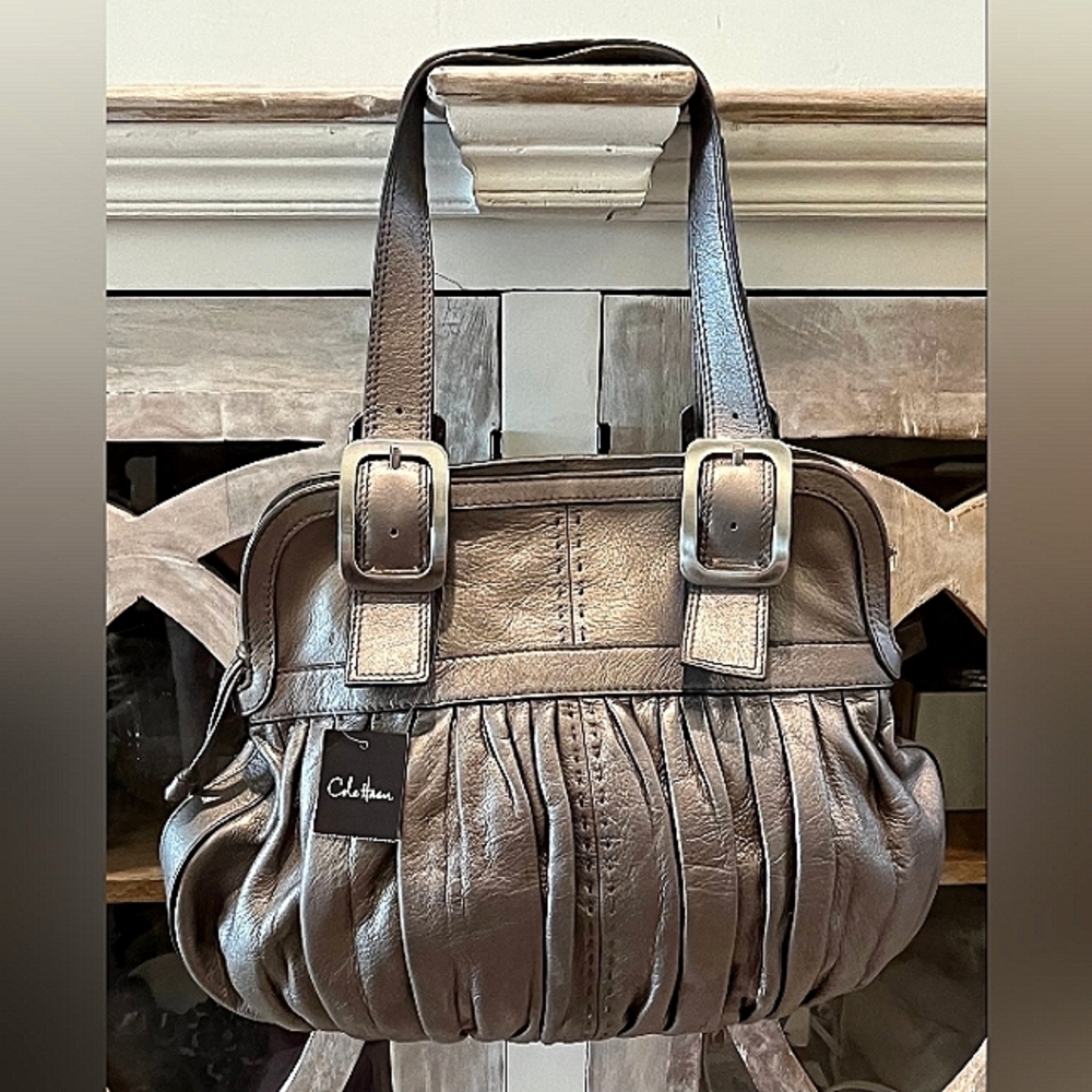 Cole Haan Rouched Vintage Silver Leather Satchel‎ New With Tags